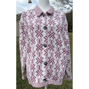 VTG PA Company Mauve & Ivory Snowflake Cardigan Sweater One Size Tight Knit